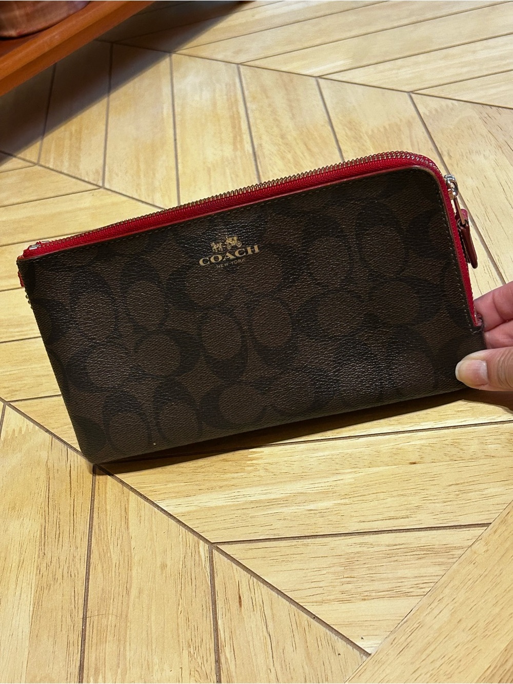 Coach Signature Brown Monogram Double Zip Wallet Red Trim - Picture 11 of 11